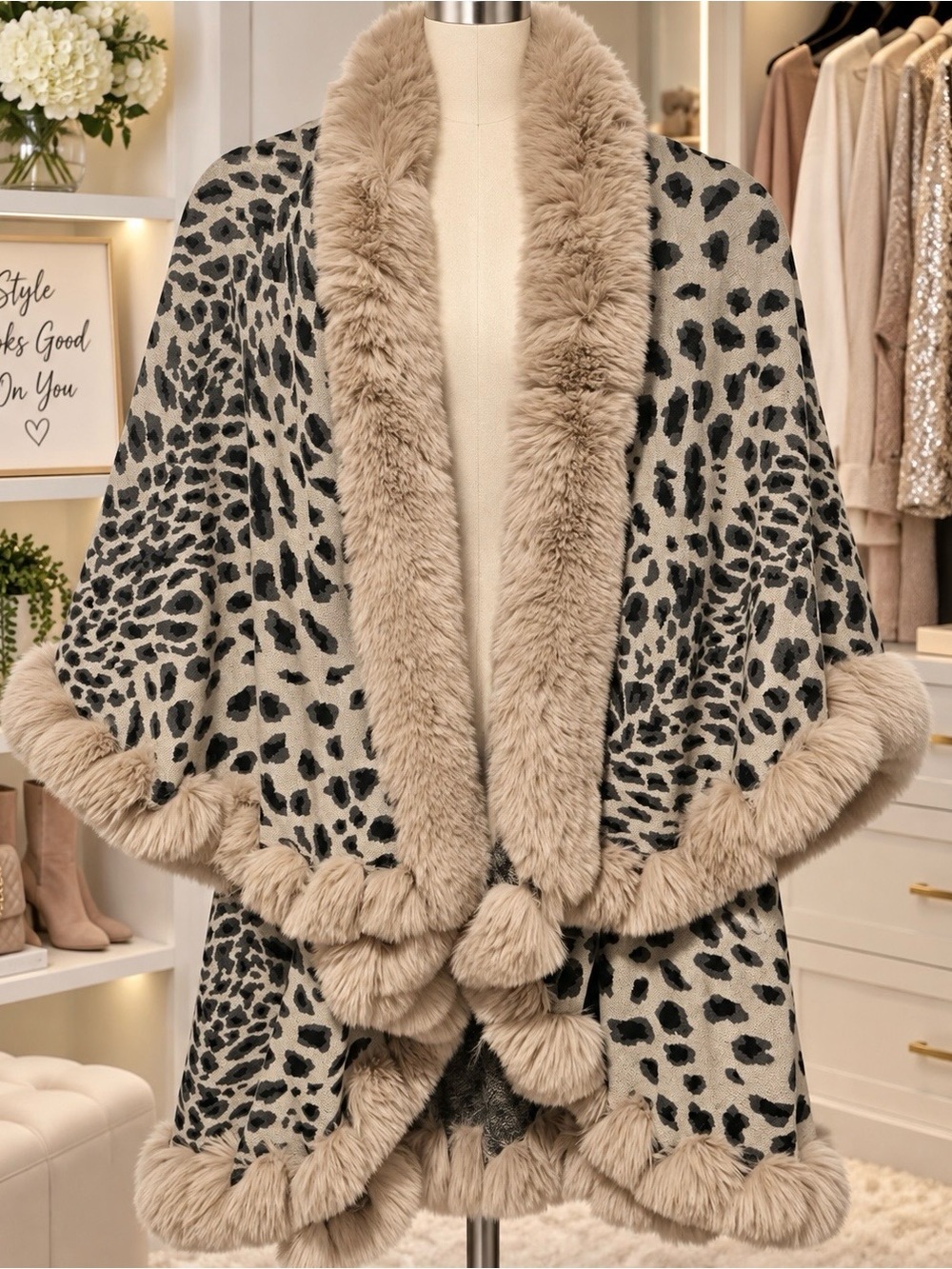 Northern Angel Size L/XL Taupe Faux Fur Shawl Fine Knit Open Front Cape
